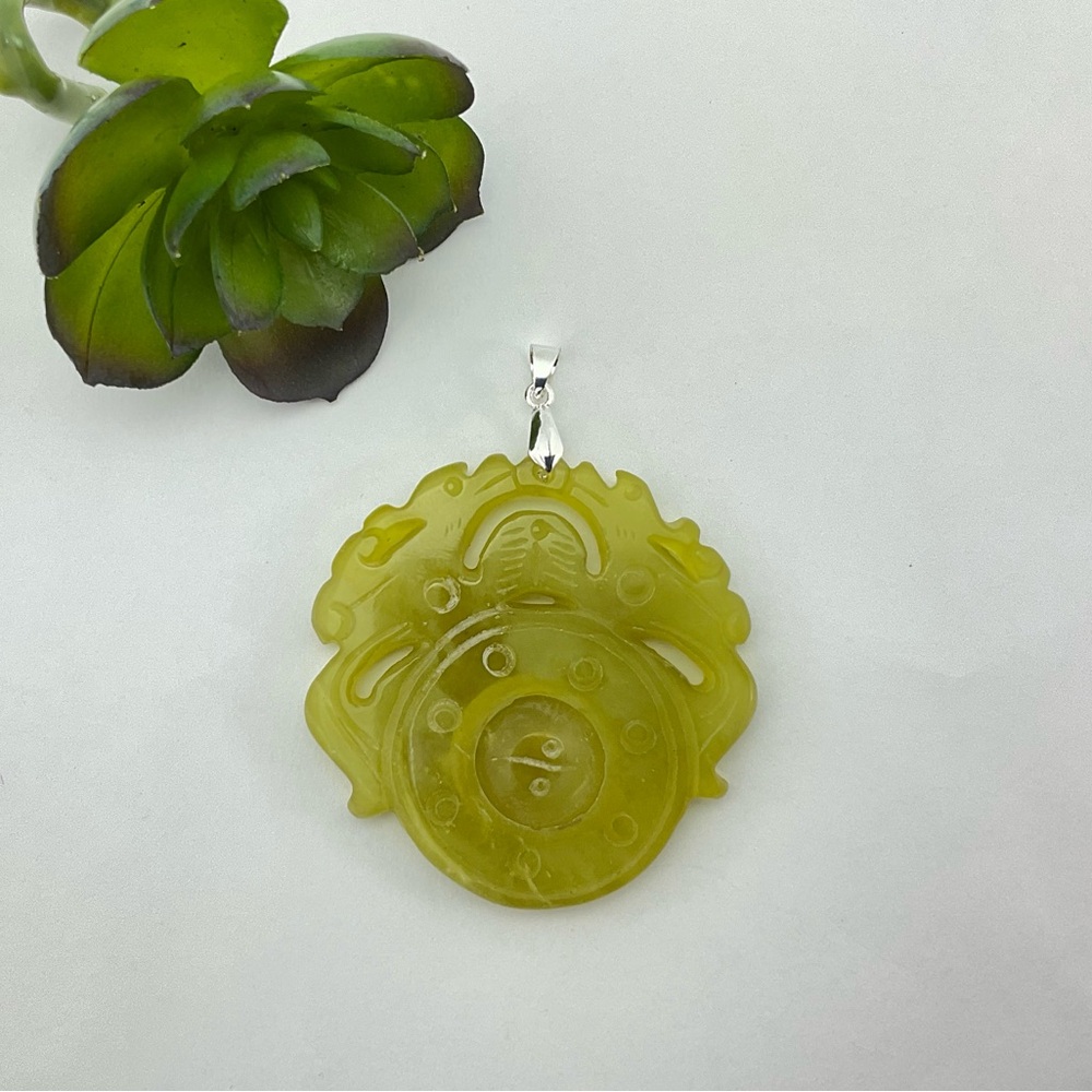 New Jade Dragon Spinner Pendant, Handmade, Yellow Green Jade, Unisex, 24" L - Picture 5 of 10